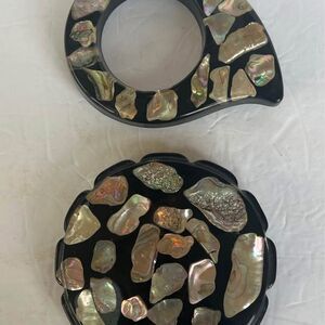 Pair Vintage Lucite Abalone Shell Souvenir Trivets